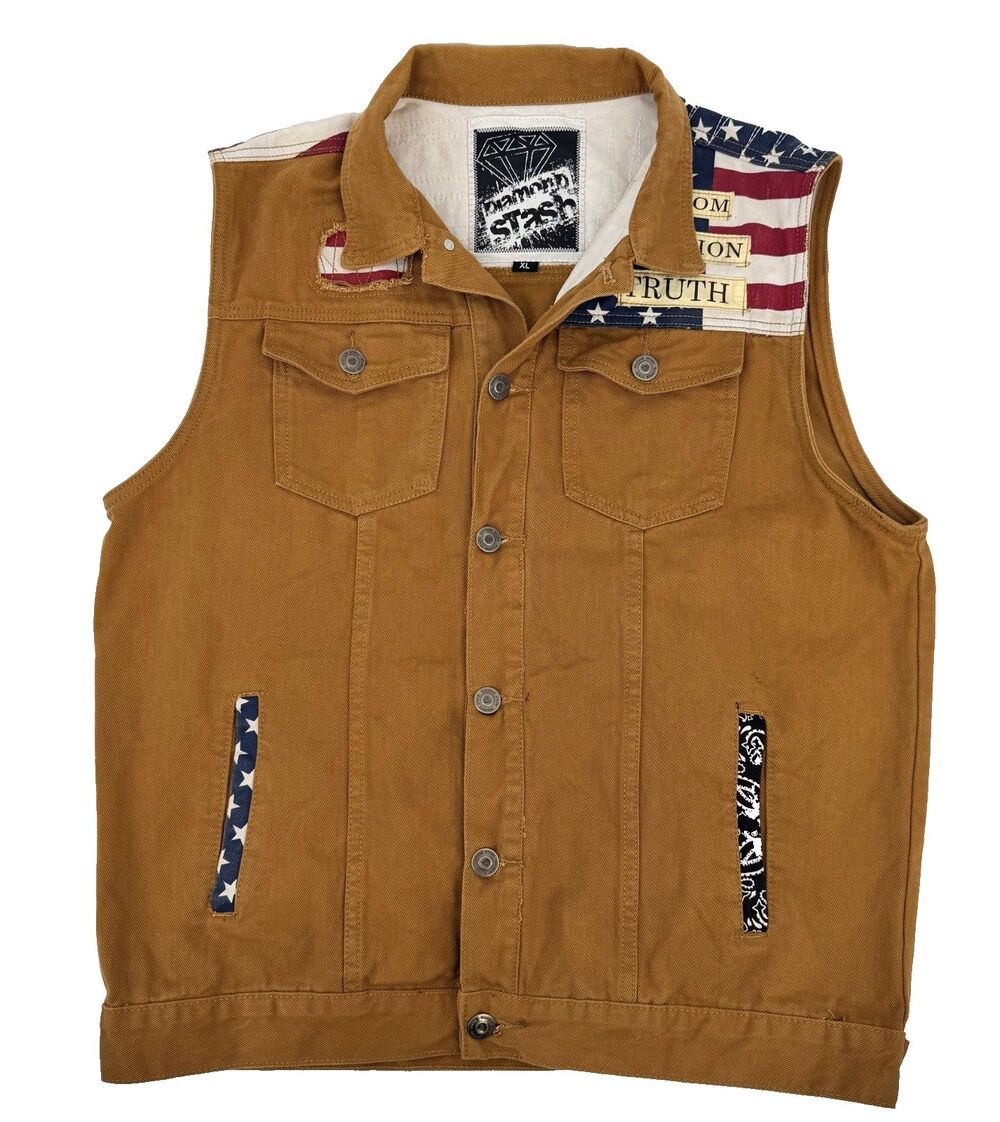 Diamond Stash Mens XL American Flag Biker Vest Brown Patriotic Distressed USA